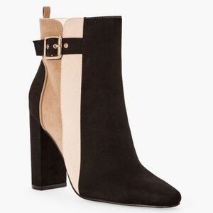 JustFab Women’s Suede Black and Tan Heeled Booties with Buckle Size 9.5